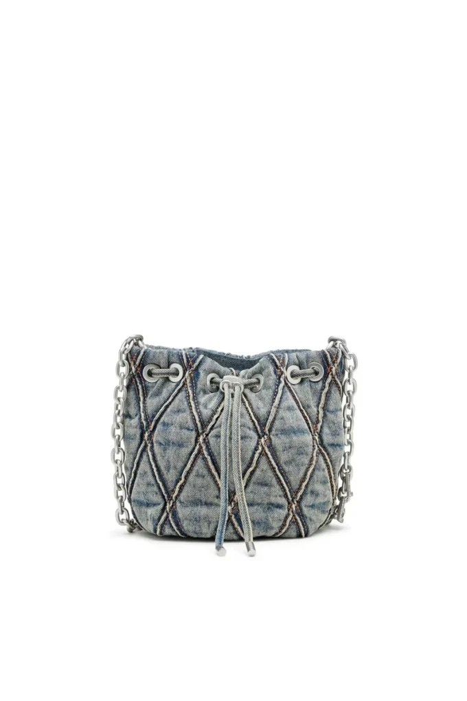charm-d bucket s Charm-D S-Mini-Beuteltasche aus gestepptem Denim mit Argyle-Muster