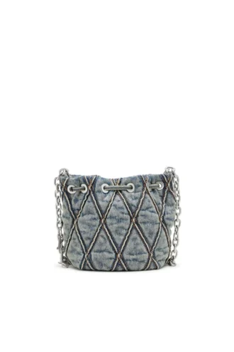 charm-d bucket s Charm-D S-Mini-Beuteltasche aus gestepptem Denim mit Argyle-Muster