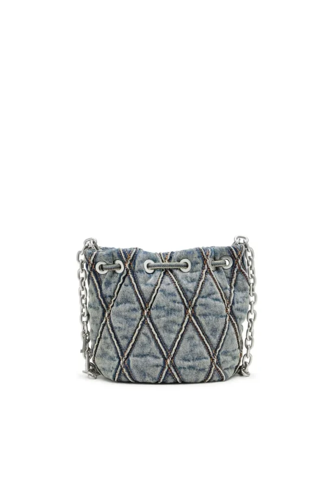 charm-d bucket s Charm-D S-Mini-Beuteltasche aus gestepptem Denim mit Argyle-Muster