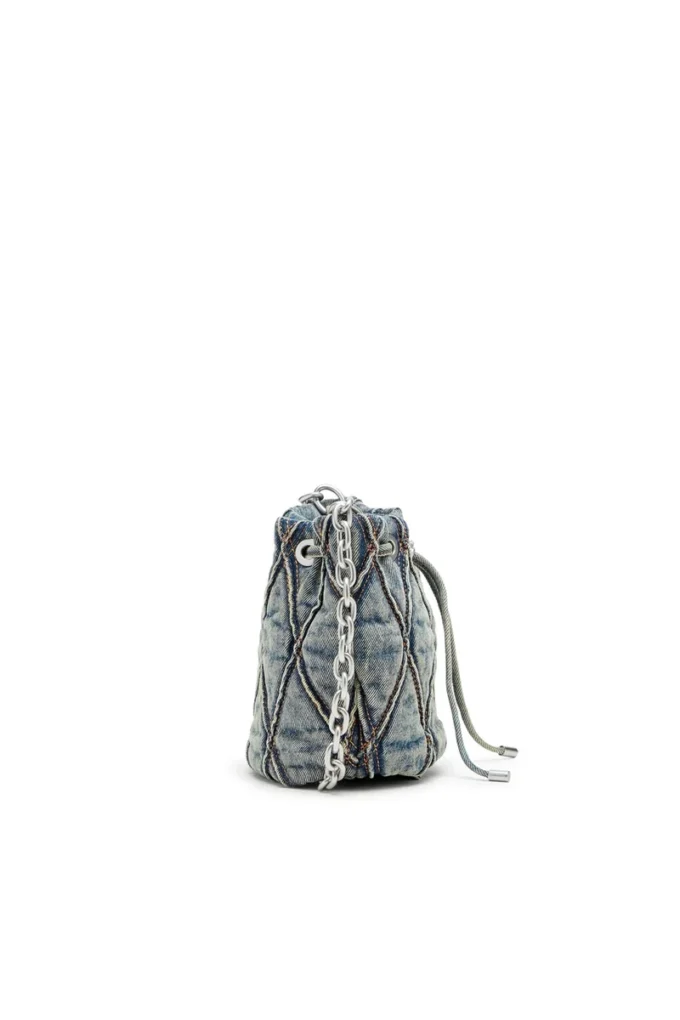 charm-d bucket s Charm-D S-Mini-Beuteltasche aus gestepptem Denim mit Argyle-Muster
