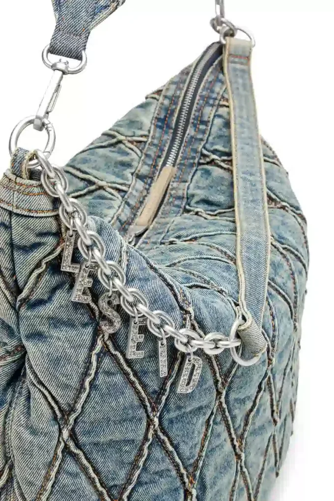 charm-d hobo Charm-D-Large Hobo aus gestepptem Denim mit Argyle-Muster