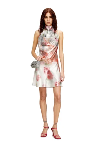 d-ebra-short Kurzes Metallic-Kleid mit verschwommenem Rosenprint