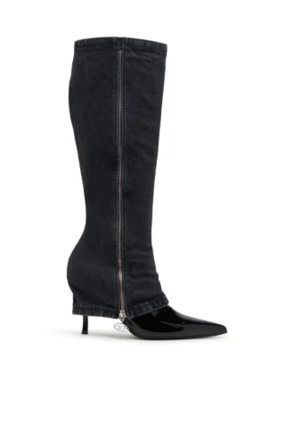 d-venus Twisted Boot D-Venus-Stiletto-Kniehohe Stiefel mit Jeans-Trompe-l’oeil-Effekt
