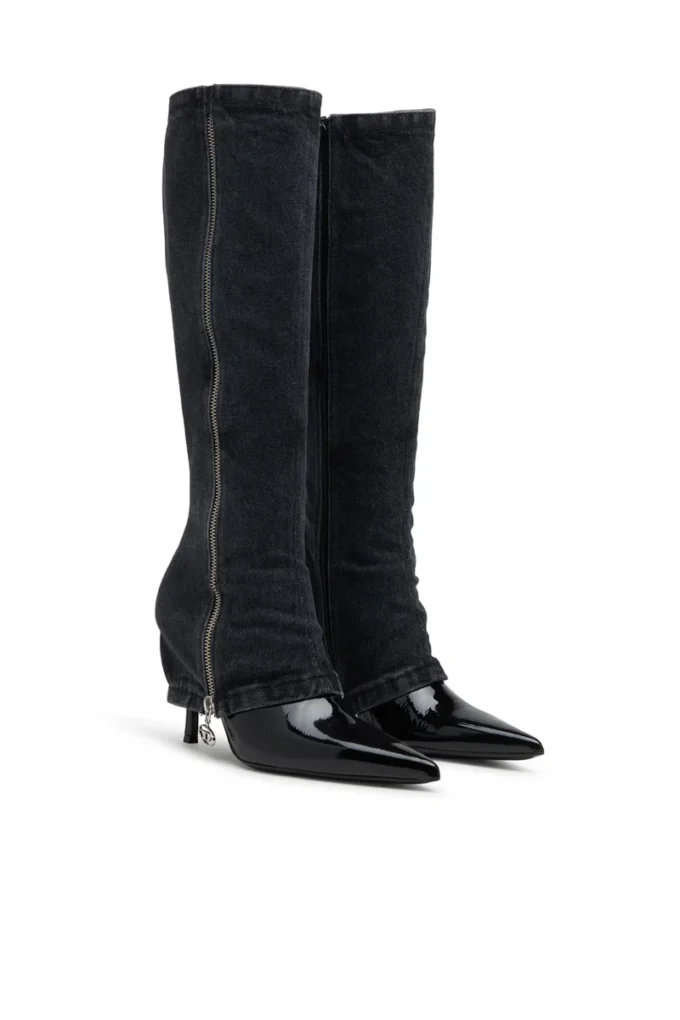 d-venus Twisted Boot D-Venus-Stiletto-Kniehohe Stiefel mit Jeans-Trompe-l’oeil-Effekt