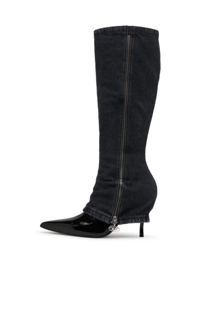 d-venus Twisted Boot D-Venus-Stiletto-Kniehohe Stiefel mit Jeans-Trompe-l’oeil-Effekt