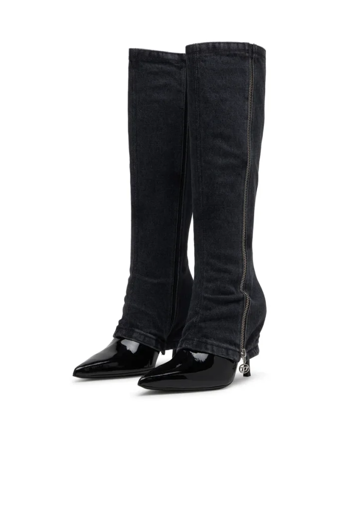 d-venus Twisted Boot D-Venus-Stiletto-Kniehohe Stiefel mit Jeans-Trompe-l’oeil-Effekt