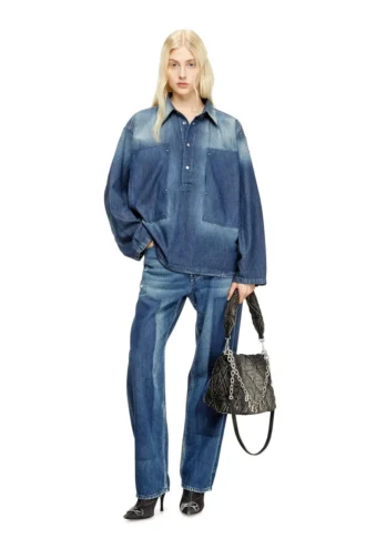 de-priss Henley-Top aus Denim mit Kontrasteffekt