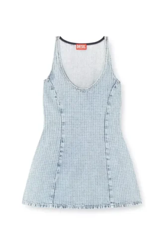 de-sweeney-s1 Kurzes Kleid aus Denim mit Hahnentrittmuster und Kristallen