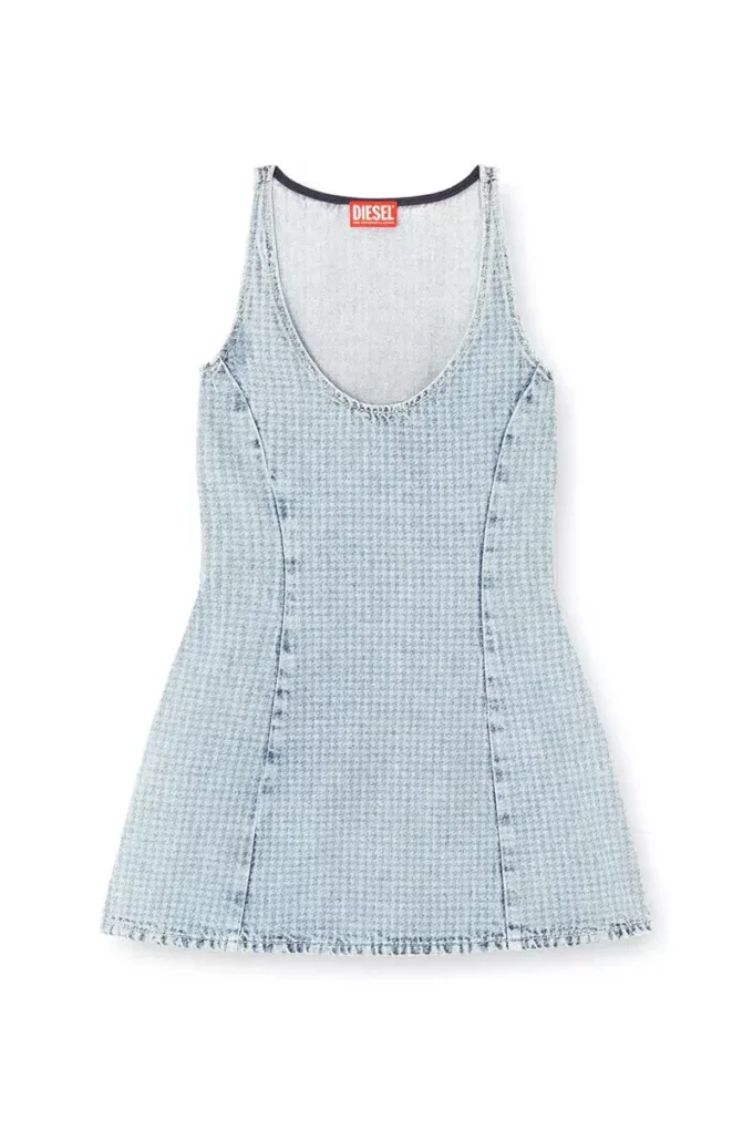 de-sweeney-s1 Kurzes Kleid aus Denim mit Hahnentrittmuster und Kristallen