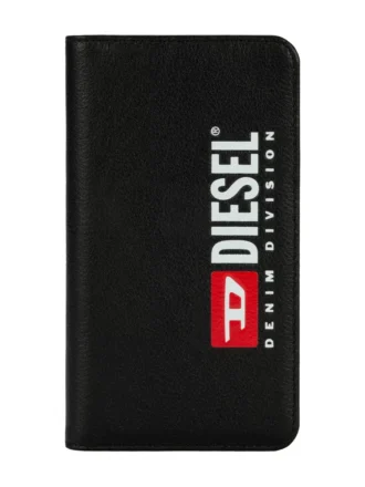 Diesel 2-in-1-Folio-Hülle für iPhone XS und iPhone X Hülle aus schwarzem Leder mit aufgedrucktem und geprägtem Logo, iPhone XS und X