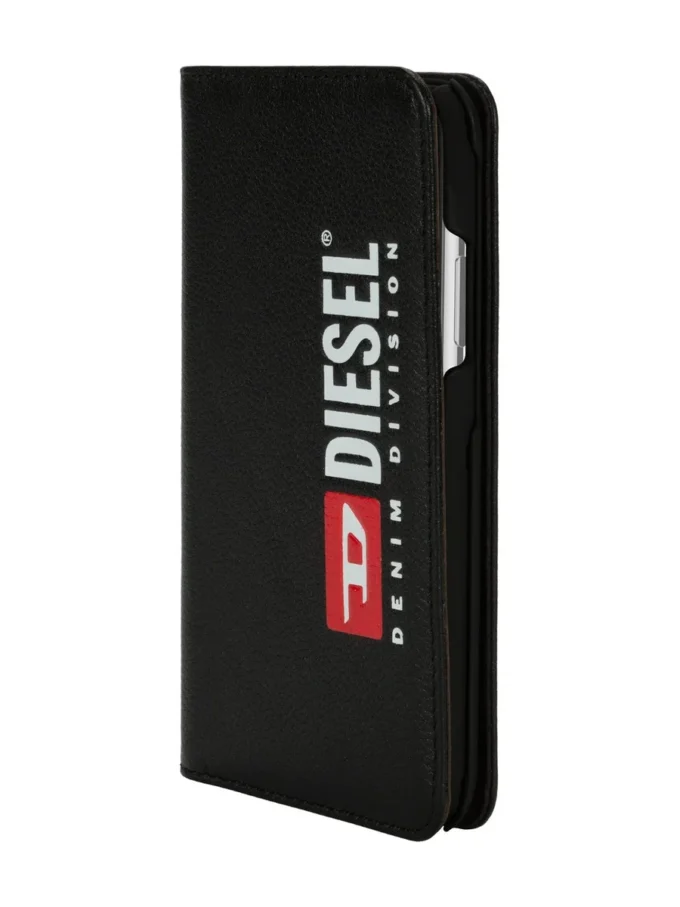 Diesel 2-in-1-Folio-Hülle für iPhone XS und iPhone X Hülle aus schwarzem Leder mit aufgedrucktem und geprägtem Logo, iPhone XS und X