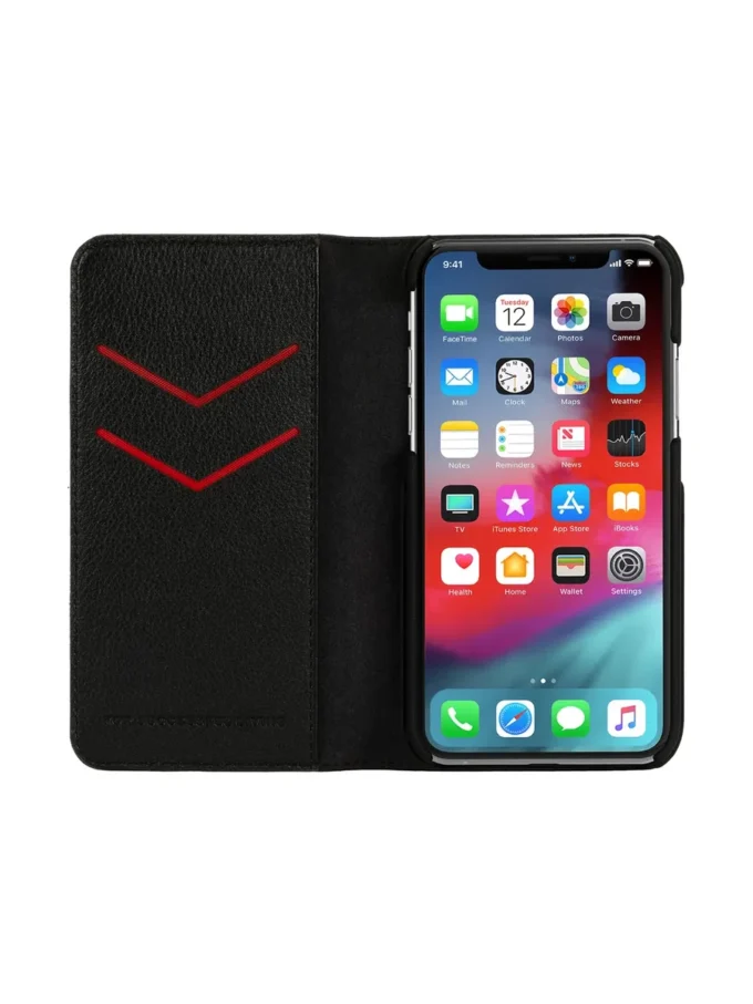 Diesel 2-in-1-Folio-Hülle für iPhone XS und iPhone X Hülle aus schwarzem Leder mit aufgedrucktem und geprägtem Logo, iPhone XS und X