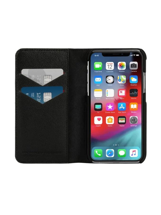 Diesel 2-in-1-Folio-Hülle für iPhone XS und iPhone X Hülle aus schwarzem Leder mit aufgedrucktem und geprägtem Logo, iPhone XS und X