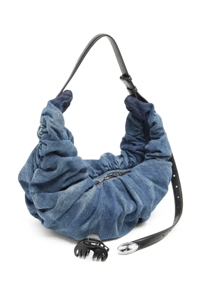 grab-d Hobo-Tasche l Grab-D-Large geknitterte Hobo-Tasche aus behandeltem Denim