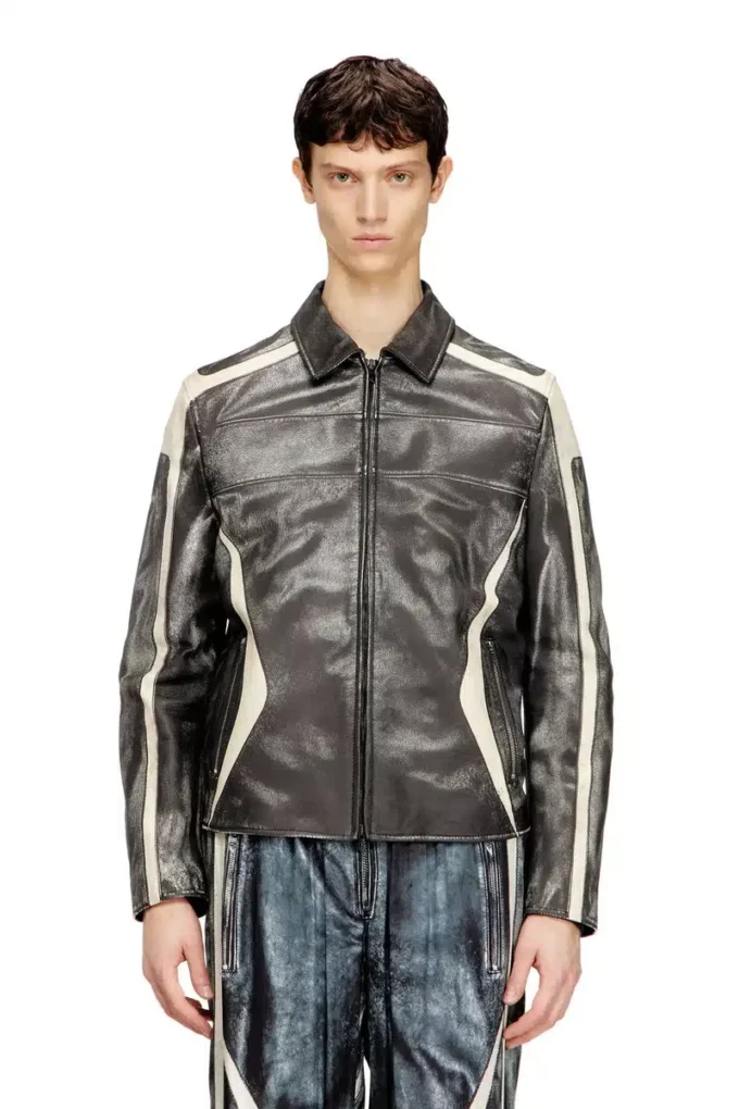 l-amar-enbi Leder-Coachjacke mit Biker-Print