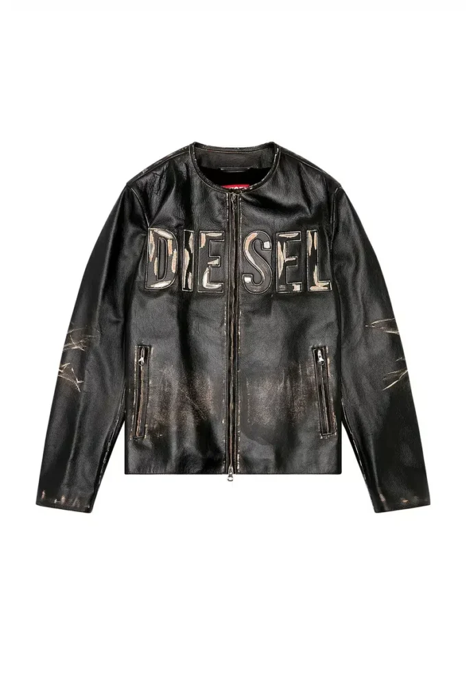 l-met Distressed Lederjacke mit Metalllogo