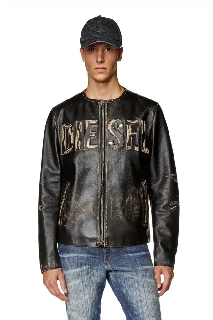 l-met Distressed Lederjacke mit Metalllogo