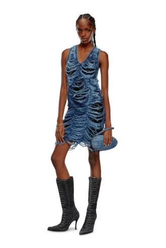 m-bianca Kurzes Kleid aus zerstörtem Indigo-Strick