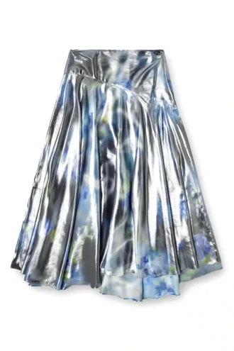o-zulie-s2 Metallic-Midirock mit verschwommenem Rosenprint