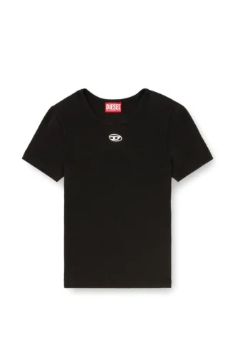 t-ele-long-od Schmal geschnittenes, geripptes T-Shirt mit metallischem Oval D