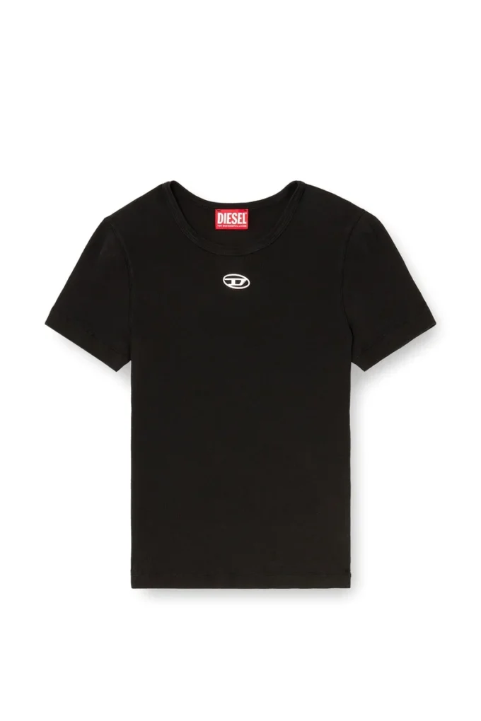 t-ele-long-od Schmal geschnittenes, geripptes T-Shirt mit metallischem Oval D