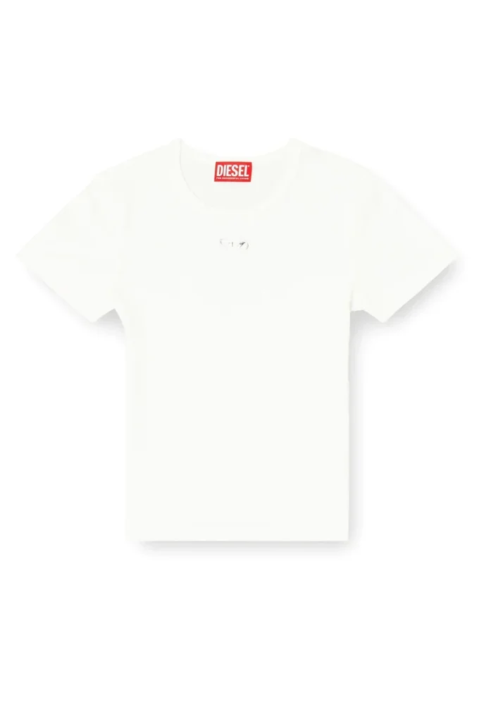 t-ele-long-od Schmal geschnittenes, geripptes T-Shirt mit metallischem Oval D