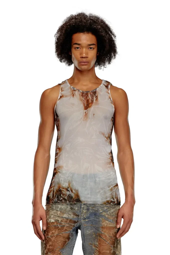 t-lifty-burn-art Tüll-Tanktop mit brennendem Plastikdruck