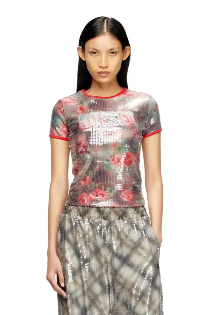 t-unkyel Skinny Jersey-Oberteil mit Blumenprint und Pailletten t-unkyel Skinny Jersey-Oberteil mit Blumenprint und Pailletten