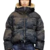 w-aves-fur Pufferjacke mit Kapuze aus Denim in Dirt-Effekt-Camouflage w-aves-fur Pufferjacke mit Kapuze aus Denim in Dirt-Effekt-Camouflage